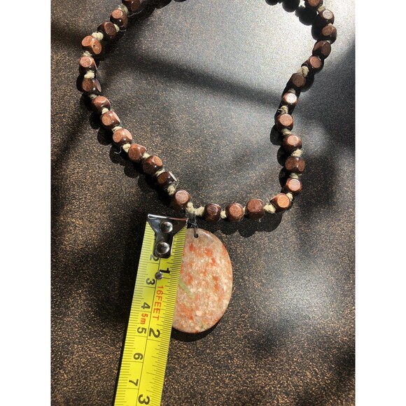 Autumn Jasper Stone Pendant Necklace w Square Wooden Beads Boho Handmade Hippie - Picture 14 of 16